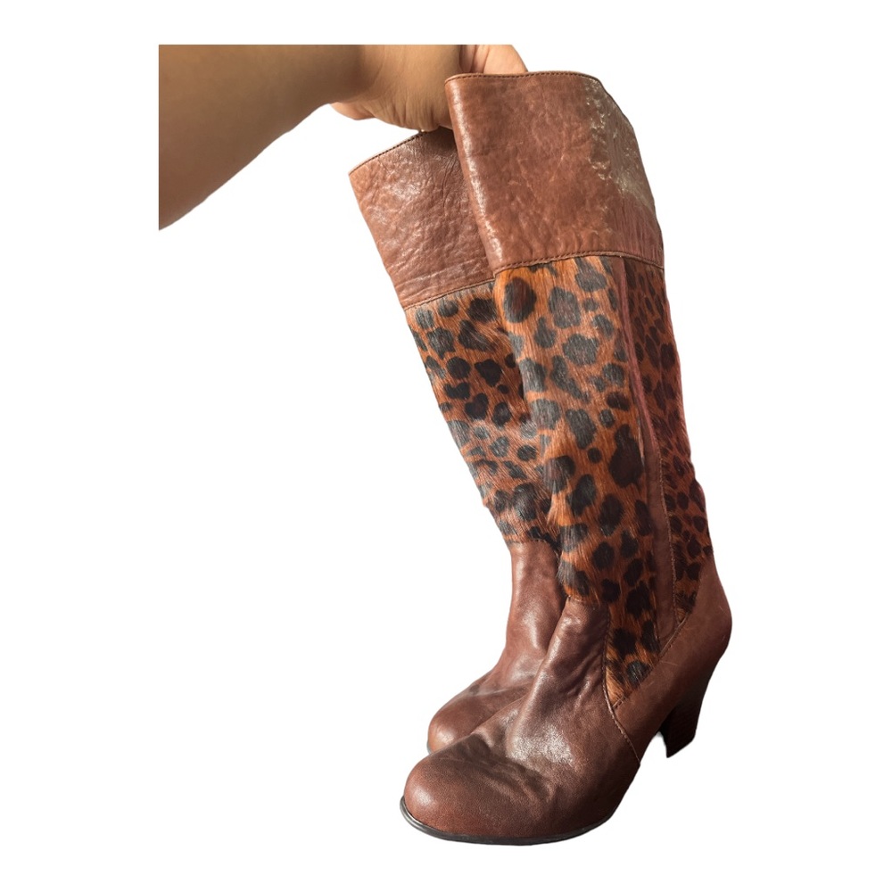 BORN CROWN W9453 LEATHER LEOPARD PRINT PONY HAIR KNEE HIGH BOOTS WOMEN'S 7.5 M